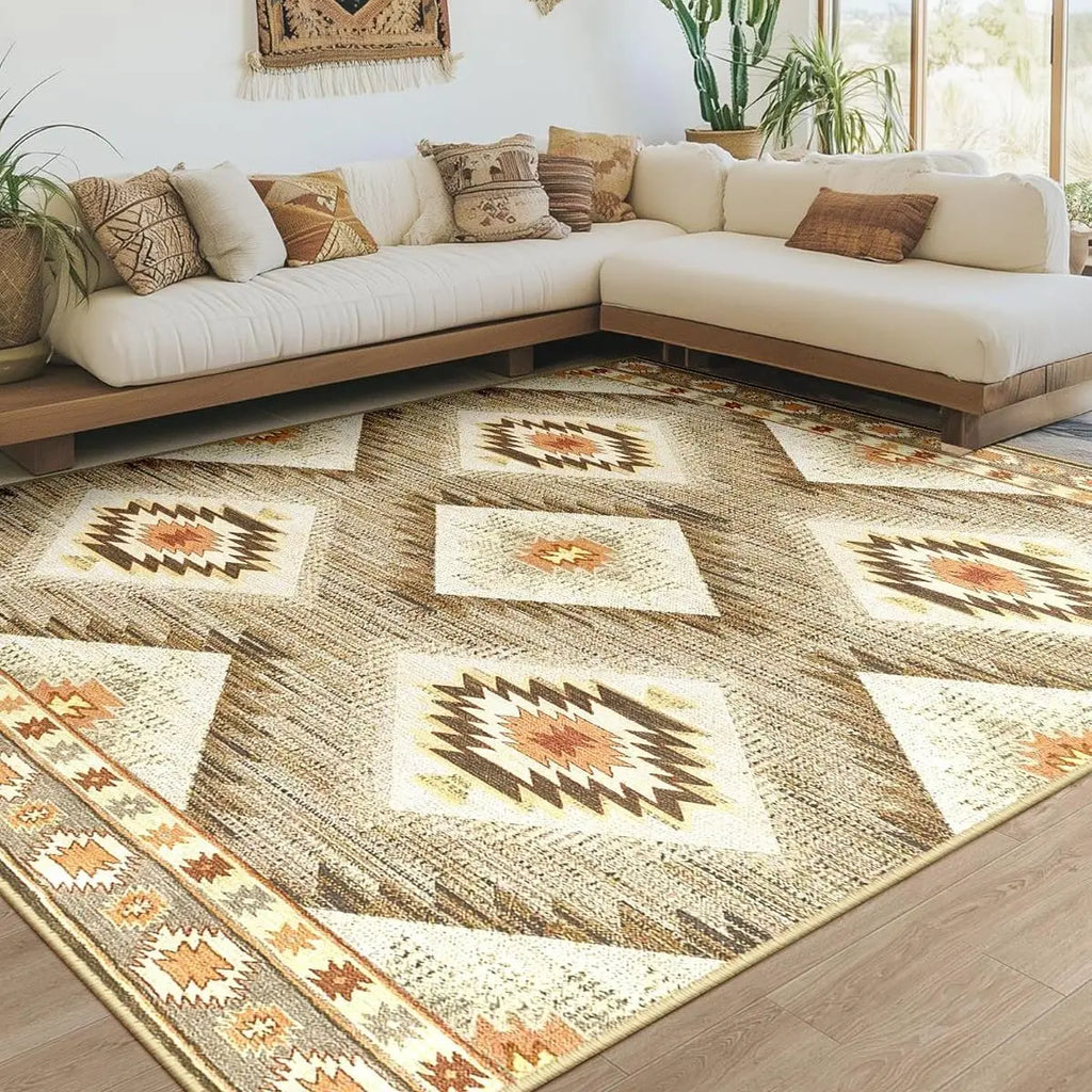 BESTSWEETIE Indoor Area Rugs - 8x10/9x12/10x14 Large Geometric Boho Rugs, Soft Faux Wool Low-Pile, Machine Washable, Non-Slip, Wrinkle Resistant, Print, Easy-Maintenance Distressed Western Carpets for Living Room Decor & Bedroom, Home Essentials