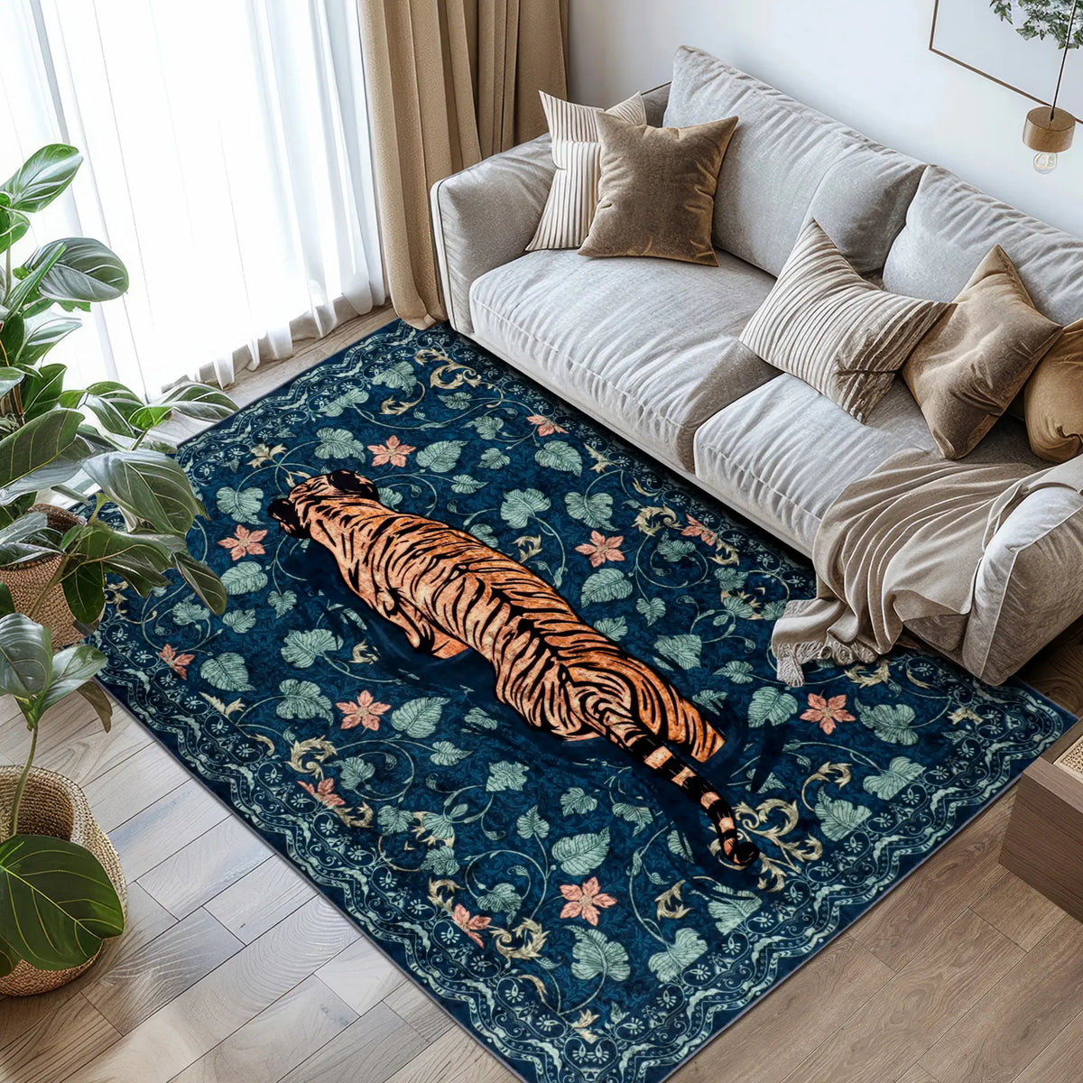 Geanup Tiger Area Rug - Green, Washable, Non-Slip, Soft Botanical Low-Pile Decorative Animal Floor Rug for Living Room House Decor, Area Rugs