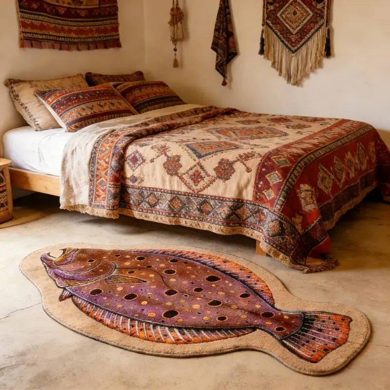 Bohemian Colorful Fish Shape Carpet Mat, Soft Washable Decorative Rug for Living Room Bedroom, Home Decor, Artistic Atmosphere, Easy Care