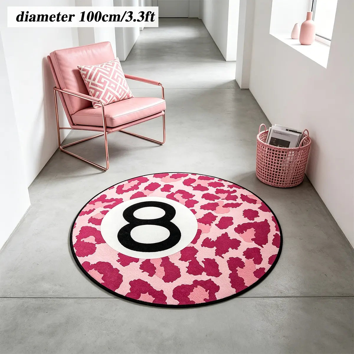 8 Ball Leopard Print Round Rug for Game Room, Man Cave, Dorm & Teen Bedroom, Soft Non-Slip Round Accent Rug, Anti Skid Rug, Perfect Retro Gift