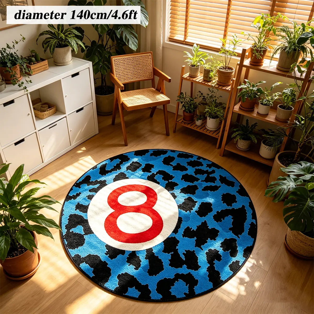 8 Ball Leopard Print Round Rug for Game Room, Man Cave, Dorm & Teen Bedroom, Soft Non-Slip Round Accent Rug, Anti Skid Rug, Perfect Retro Gift