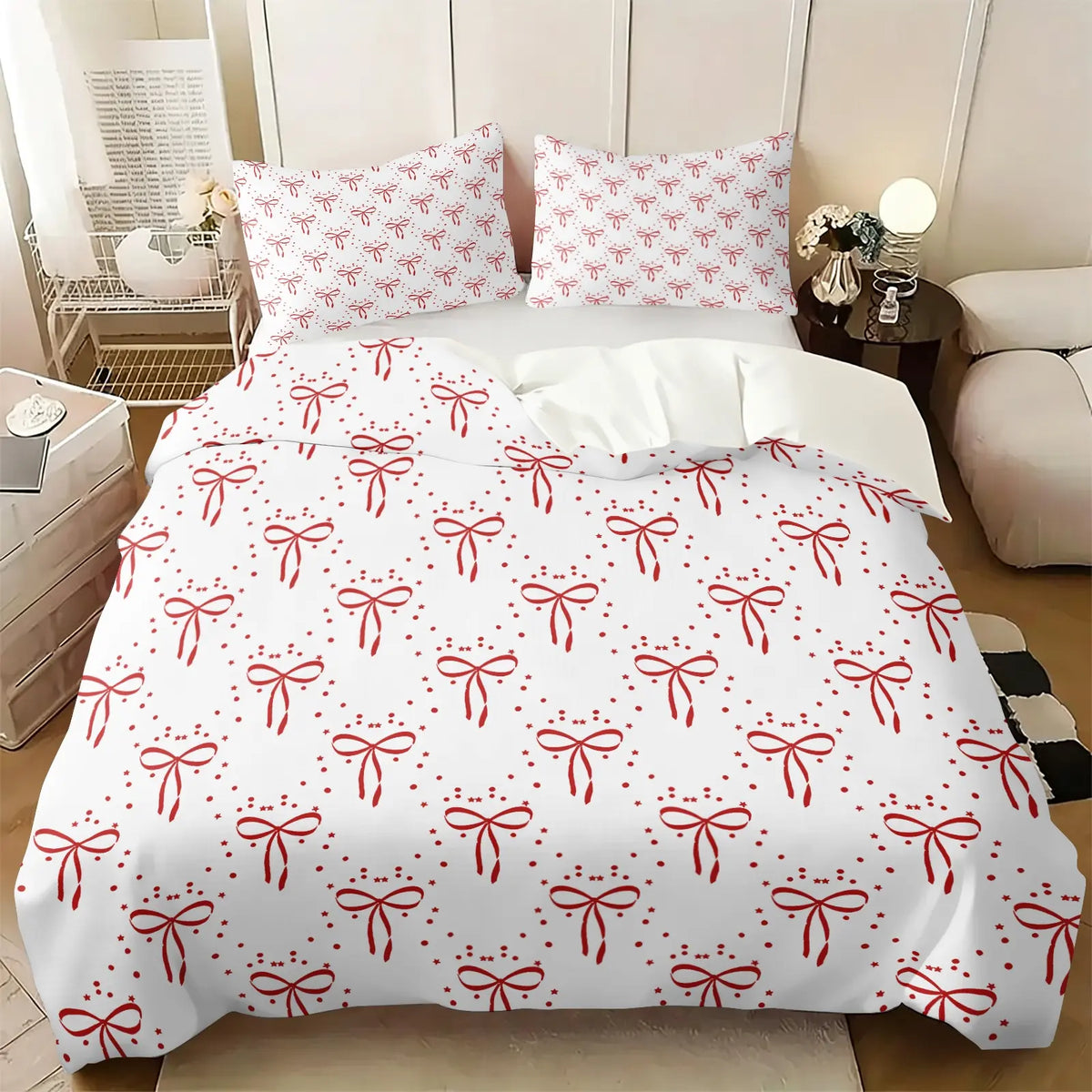 Milk Tea Color Cow Print Bow Duvet Cover Set-1 Duvet and 1-2 Coreless Pillowcases-Star-Decorated Bow and Cow Print Patchwork Bow-Soft Breathable-Vintage Gentel Style for Kids' & Girls' Bedroom Decor