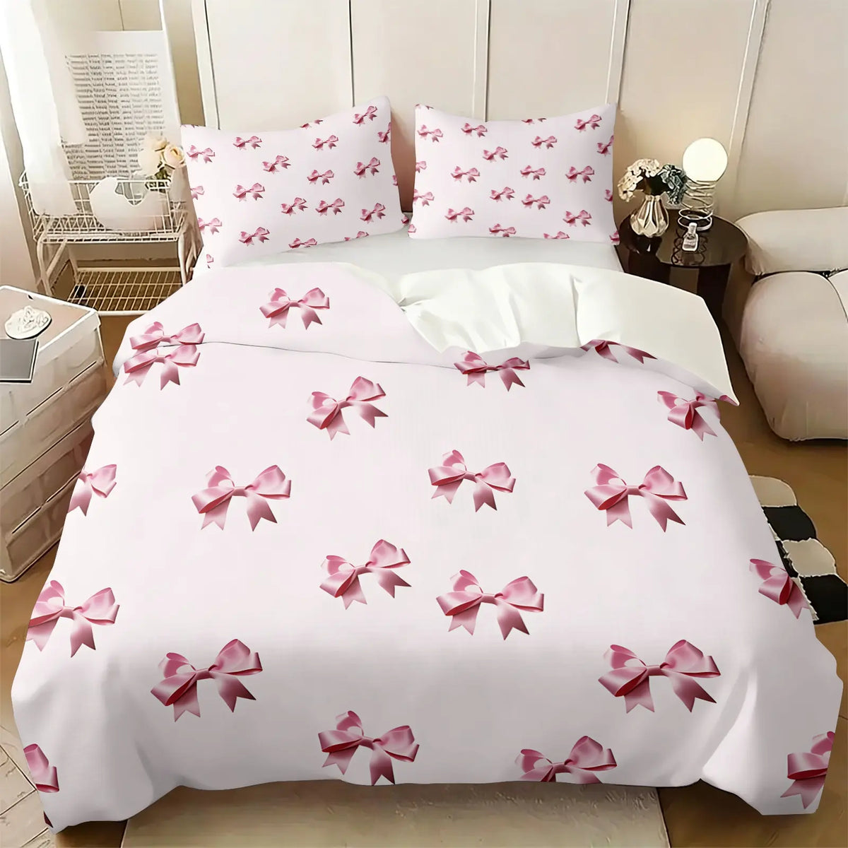 Milk Tea Color Cow Print Bow Duvet Cover Set-1 Duvet and 1-2 Coreless Pillowcases-Star-Decorated Bow and Cow Print Patchwork Bow-Soft Breathable-Vintage Gentel Style for Kids' & Girls' Bedroom Decor
