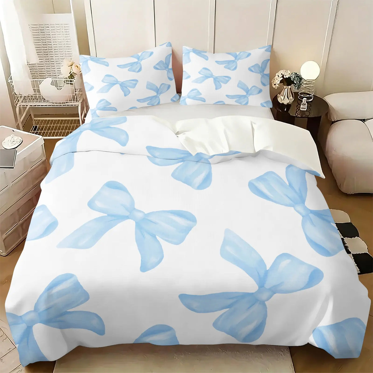 Milk Tea Color Cow Print Bow Duvet Cover Set-1 Duvet and 1-2 Coreless Pillowcases-Star-Decorated Bow and Cow Print Patchwork Bow-Soft Breathable-Vintage Gentel Style for Kids' & Girls' Bedroom Decor