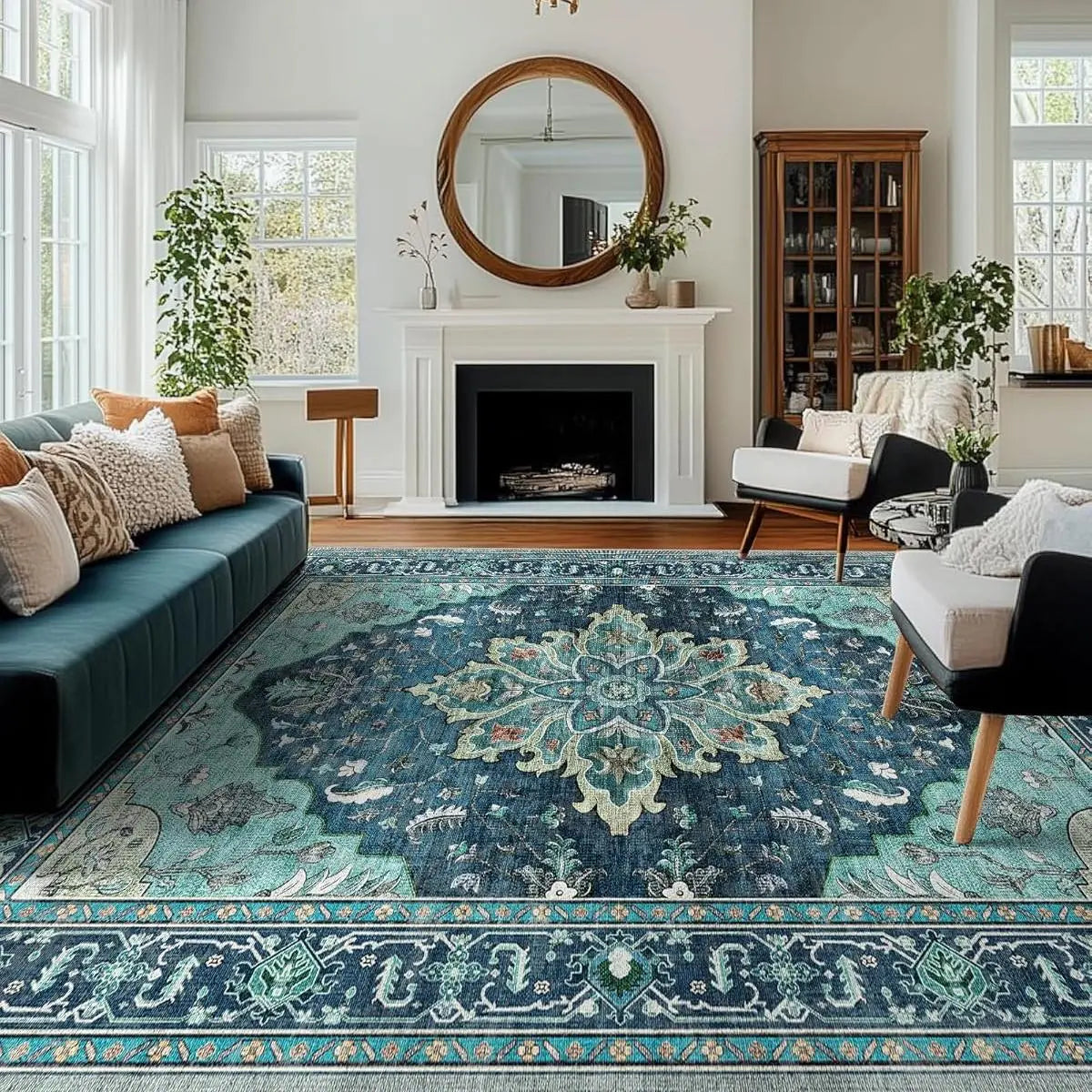 BESTSWEETIE Indoor Area Rugs - 8x10/9x12/10x14 Large Geometric Boho Rugs, Soft Faux Wool Low-Pile, Machine Washable, Non-Slip, Wrinkle Resistant, Print, Easy-Maintenance Distressed Western Carpets for Living Room Decor & Bedroom, Home Essentials