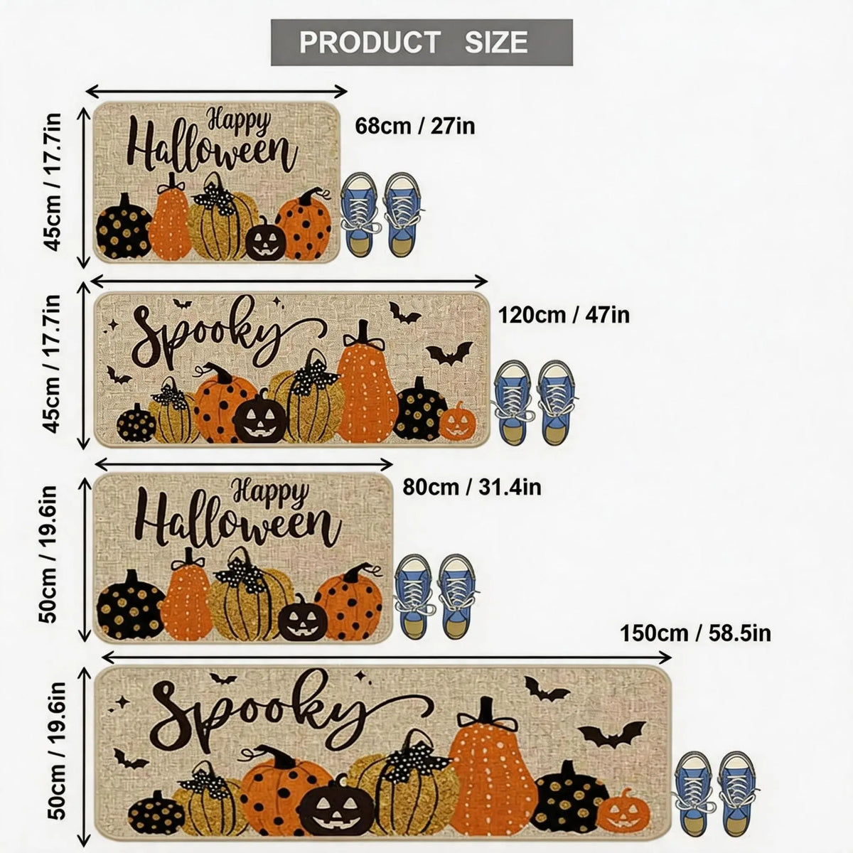 Set of 2 Halloween Pumpkin Style Kitchen Rugs, Washable Non-Slip, Low Profile Floor Mats for Kitchen, Laundry Room, Hallway, Entrance Mat