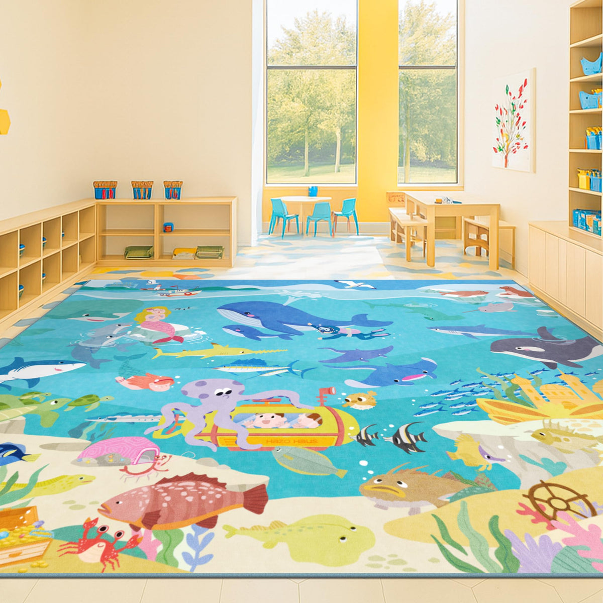 Hazo Haus Washable Kids Playroom Rug – 5x7 Play Rug for Preschool Toddlers, Girls, Educational with Cute Animals – Non-Slip, Stain Resistant, Soft & Safe for Bedroom, Play Room and Classroom - Blue
