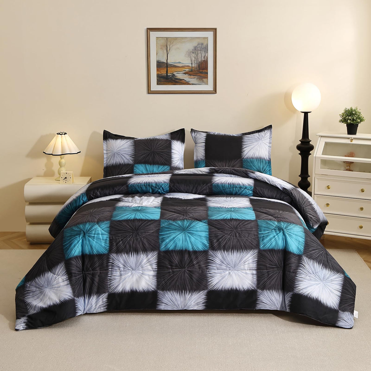 Caressma Black White Checkered Comforter Set, Twin Size Boys Bedding Set