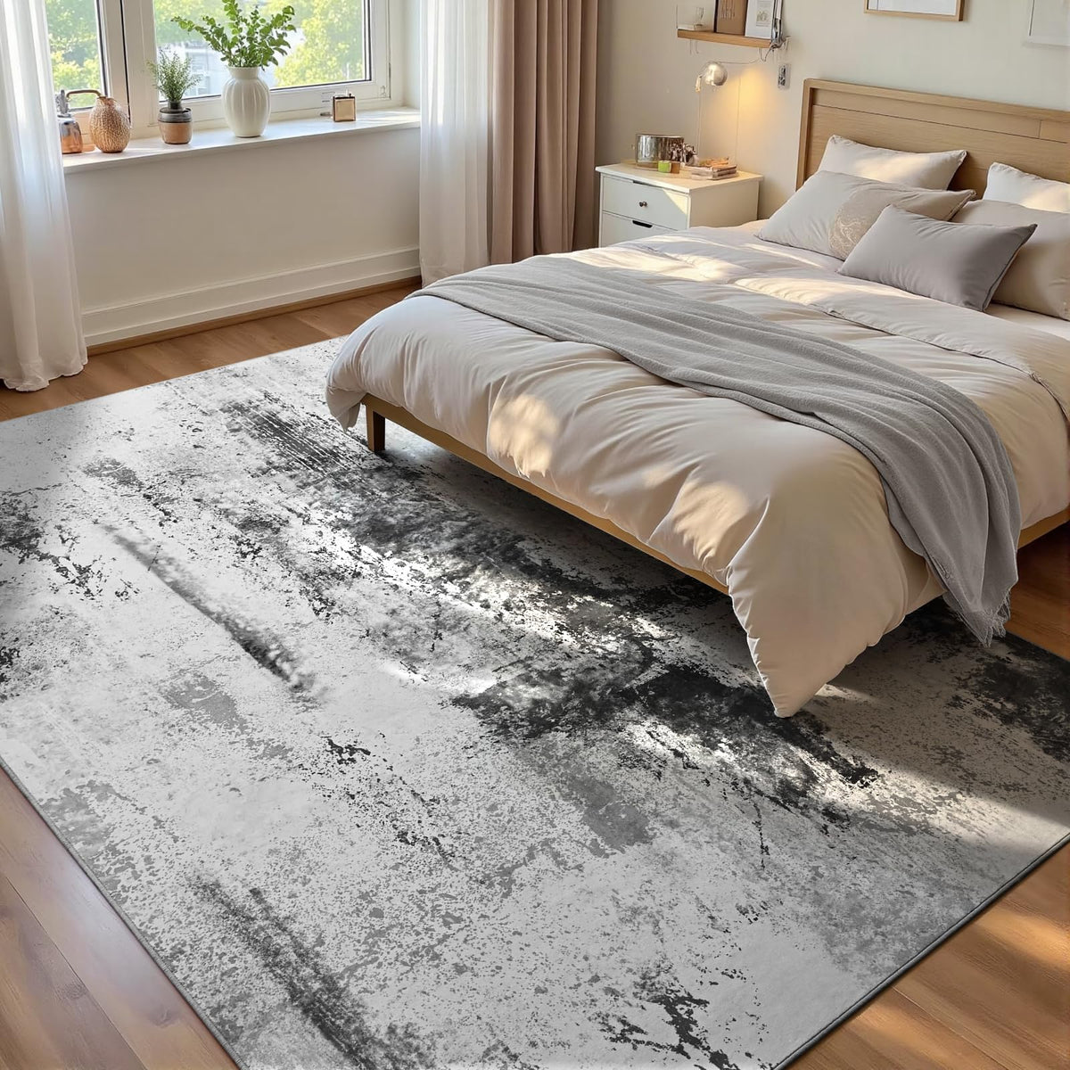 Living Room Rug 5x7 Gray Area Rug Machine Washable Boho Rug Non Slip Abstract Vintage Indoor Large Rugs for Bedroom, Classroom, College Dorm, Farmhouse, Dining Room, Kids Playroom