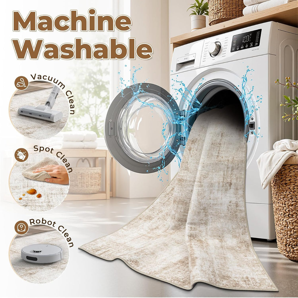 MXSANYOO 6x9 Area Rugs Washable Rug: Abstract Neutral Rugs Modern Non Slip Area Rug Stain Resistant Low Pile Indoor Carpet for Dining Room Bedroom Nursery Office (Beige, 6'x9')