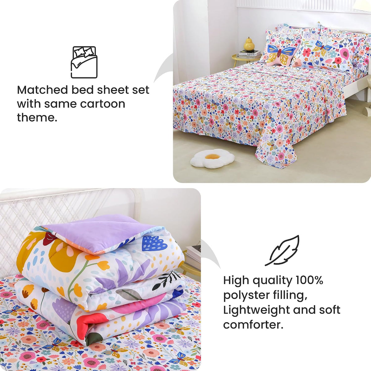 Mooreeke Twin Size Comforter Sets for Girls Kids, 6 Pieces Bed in a Bag Purple Floral Butterfly Bedding Comforter Sheet Set with Shams and Decorative Toy Pillow, Ultral Soft Microfiber Kids Bed Set