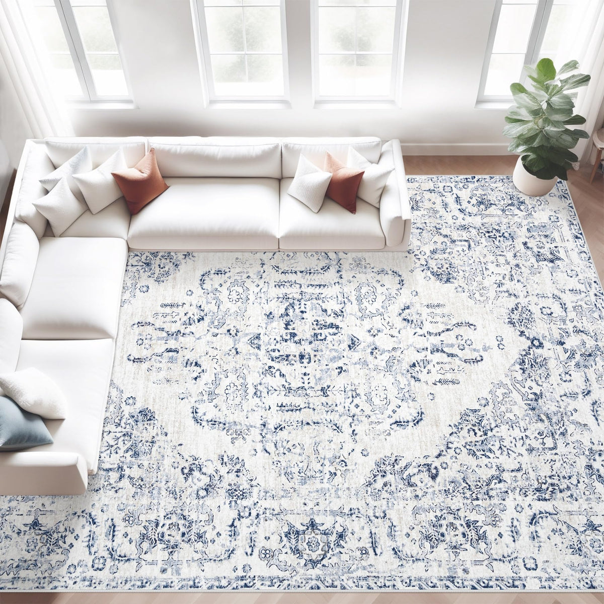 Area Rug 5x7 Vintage Rugs: Washable Living Room Rug Retro Medallion Distressed Large Rug Soft Low Pile Non-Slip Rugs Indoor Floor Carpet for Bedroom Kitchen Nursery Dining Table Office (Beige/Brown)
