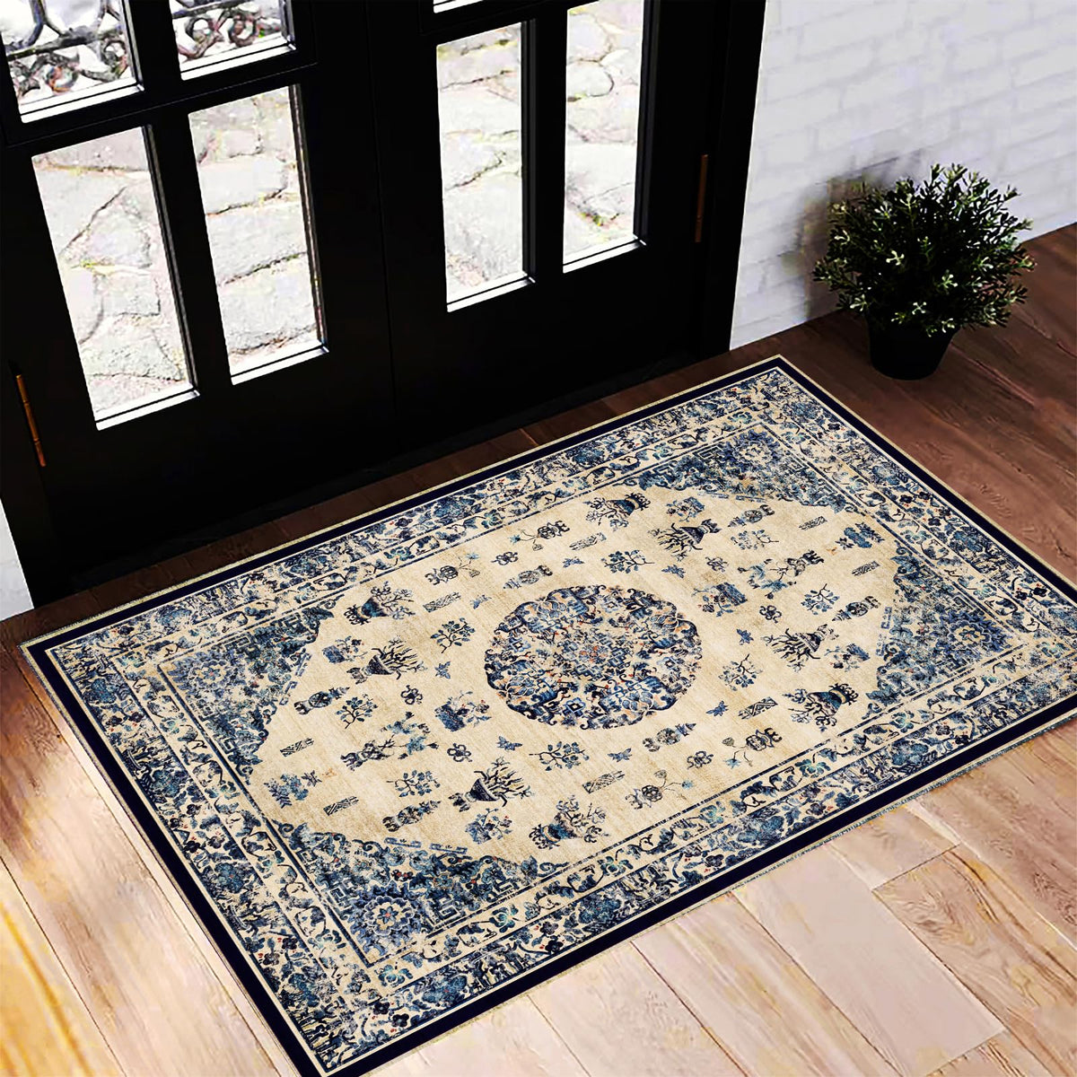 CHAMPLANT Area Rug 4x6 Washable Rug Gray Vintage Traditional Floor Cover Foldable Thin Retro Accent Indoor Distressed Non Slip Carpet Floral Print Mat Bedroom Living Room Bathroom