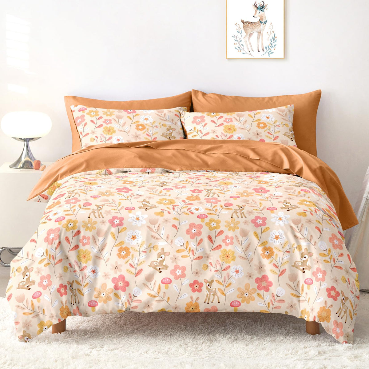 Wake In Cloud - Floral Bedding Set for Girls, Cute Colorful Botanical Flowers Deers Patterned Soft Lightweight Comforter Set with Sheets, 5 Pieces Kids Bed in a Bag, Green Cream, Twin Size
