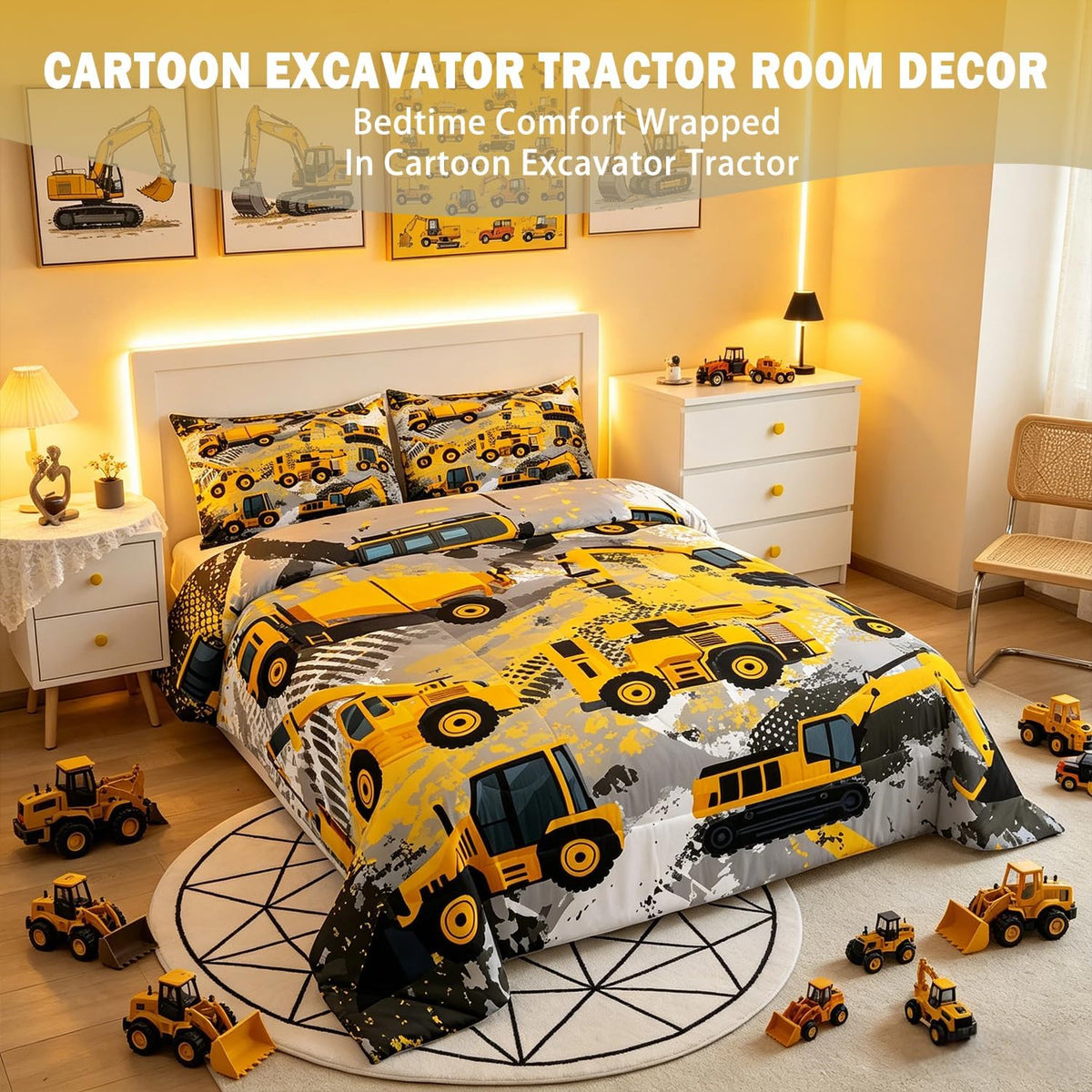Feelyou Kids Construction Comforter Set Twin Bedding Sets for Boys Toddler Children Cartoon Cars Excavator Tractor Comforter Set Construction Machinery Truck Duvet Set Cars Bed Set with 1 Pillow Case