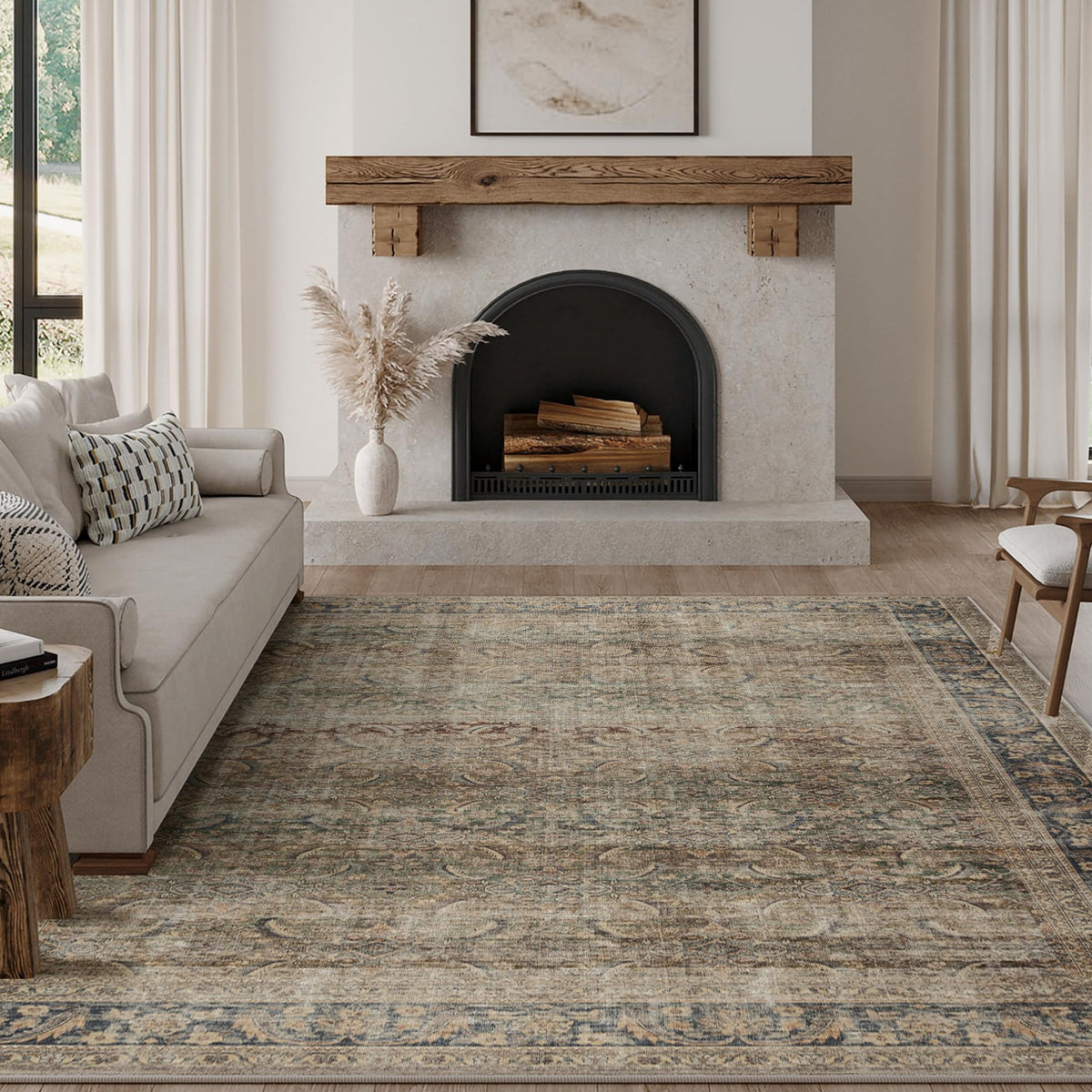 FMFUNCTEX 5x7 Washable Beige Neutral Vintage Retro Area Rug for Living Room