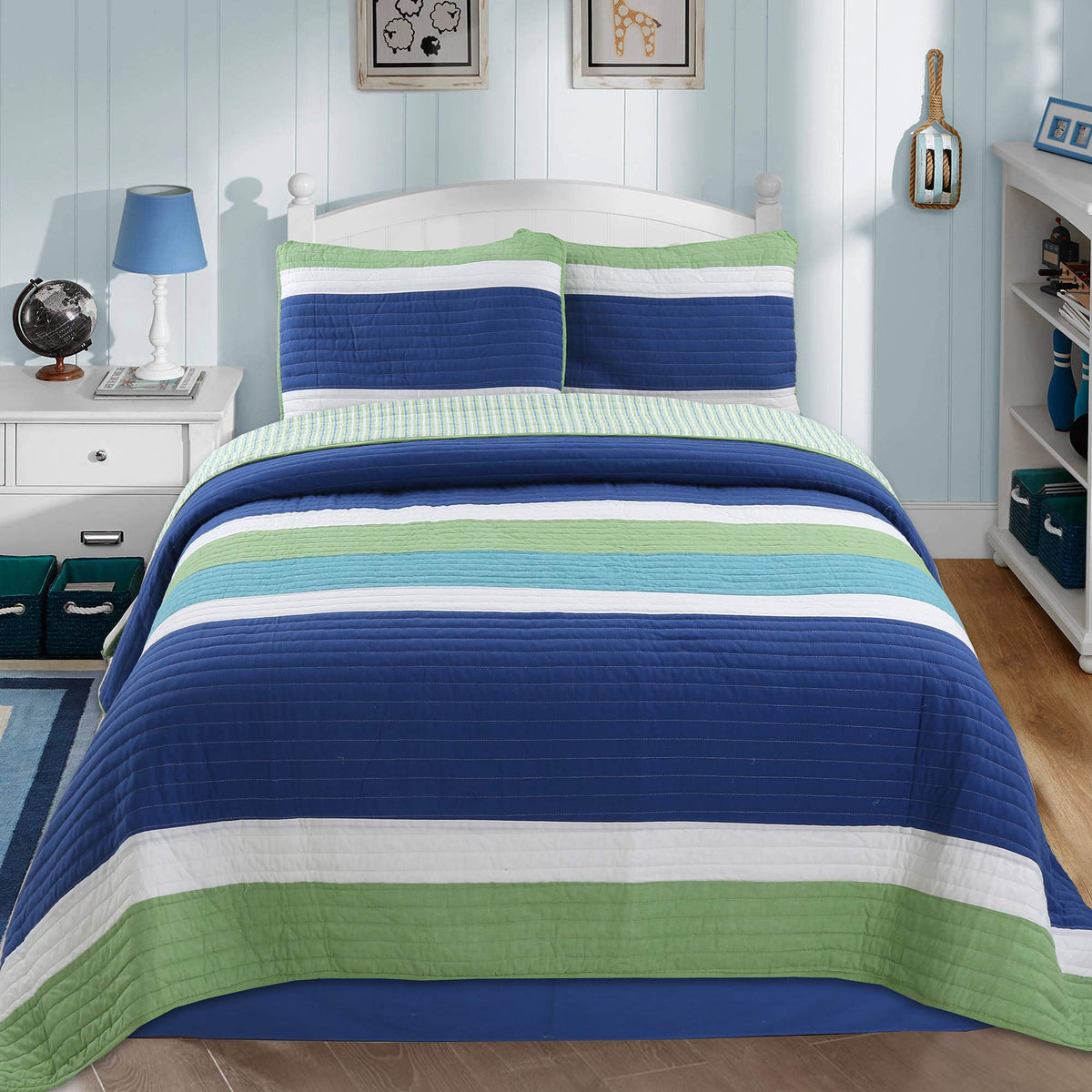 Cozy Line Home Fashions Benjamin Cute Dinosaur Plaid Navy Blue White Grey Bedding Quilt Set 100% Cotton Reversible Coverlet Bedspread Set for Kids Boy(Twin - 2 piece)