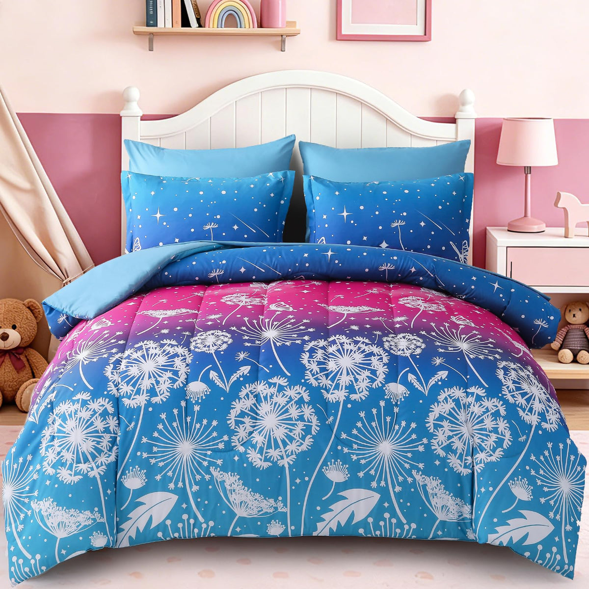 Dinjoy Girls Comforter Set 7 Pieces, Queen Size Colorful Ombre Rainbow Bedding Set, Bed in A Bag for Kid Teen Girls (1 Comforter, 1 Flat Sheet, 1 Fitted Sheet, 2 Pillow Shams, 2 Pillowcases)