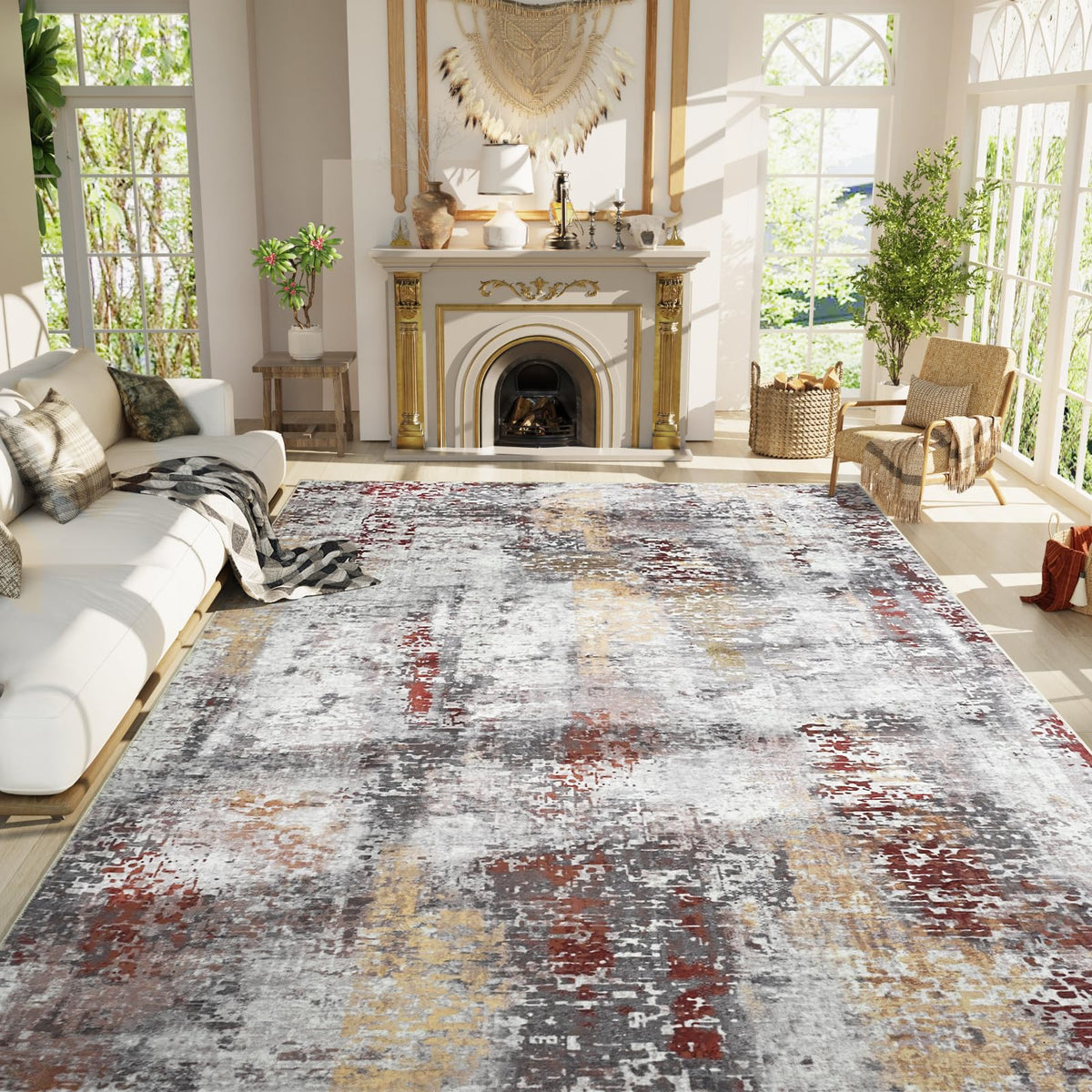 Living Room Rug 5x7 Gray Area Rug Machine Washable Boho Rug Non Slip Abstract Vintage Indoor Large Rugs for Bedroom, Classroom, College Dorm, Farmhouse, Dining Room, Kids Playroom