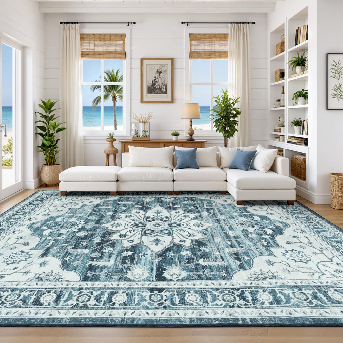 Sage Green 8x10 Area Rug for Living Room, Vintage Boho Large Carpet