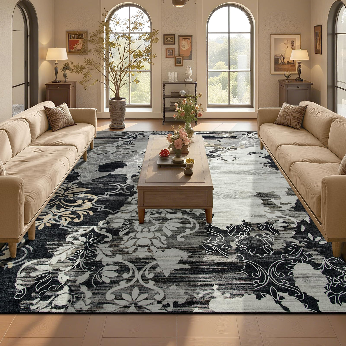 CRYPTOLITE Abstract Area Rug Washable Rug with Non-Slip Backing Low Pile Area Rugs for Living Room,Bedroom,Dining Room,4x6, Gold&Grey
