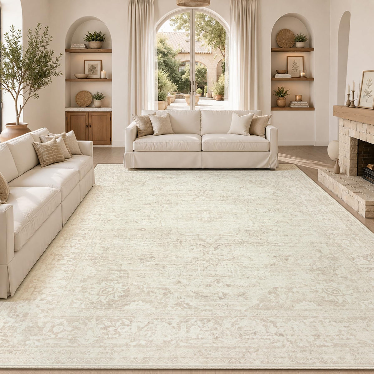 5x7 Area Rugs for Living Room: Washable Boho Vintage Floral Rug Soft Non-Slip Rugs Stain Resistant Low Pile Indoor Carpet for Bedroom Dining Room Nursery Playroom Beige
