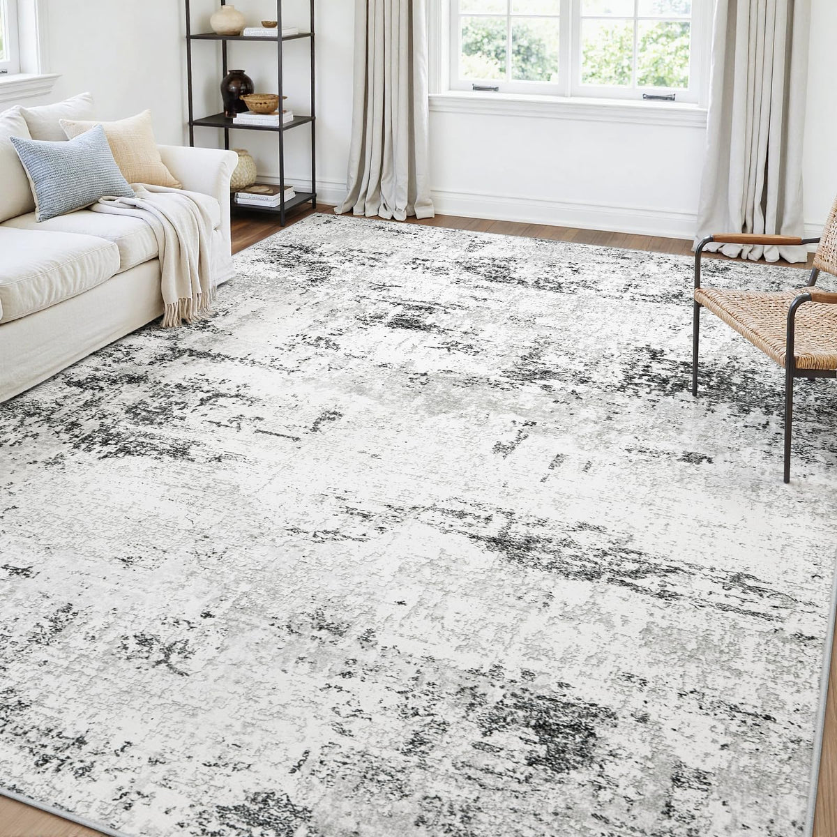 5x7 Area Rugs for Living Room Large Washable Abstract Rug White Gray Blue
