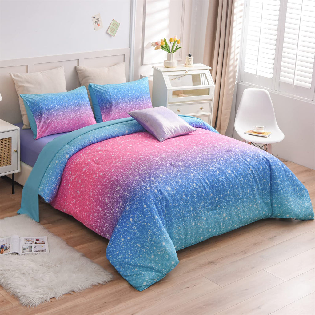 A Nice Night 6Pcs Gradient Glitter Twin Comforter Sets for Kids
