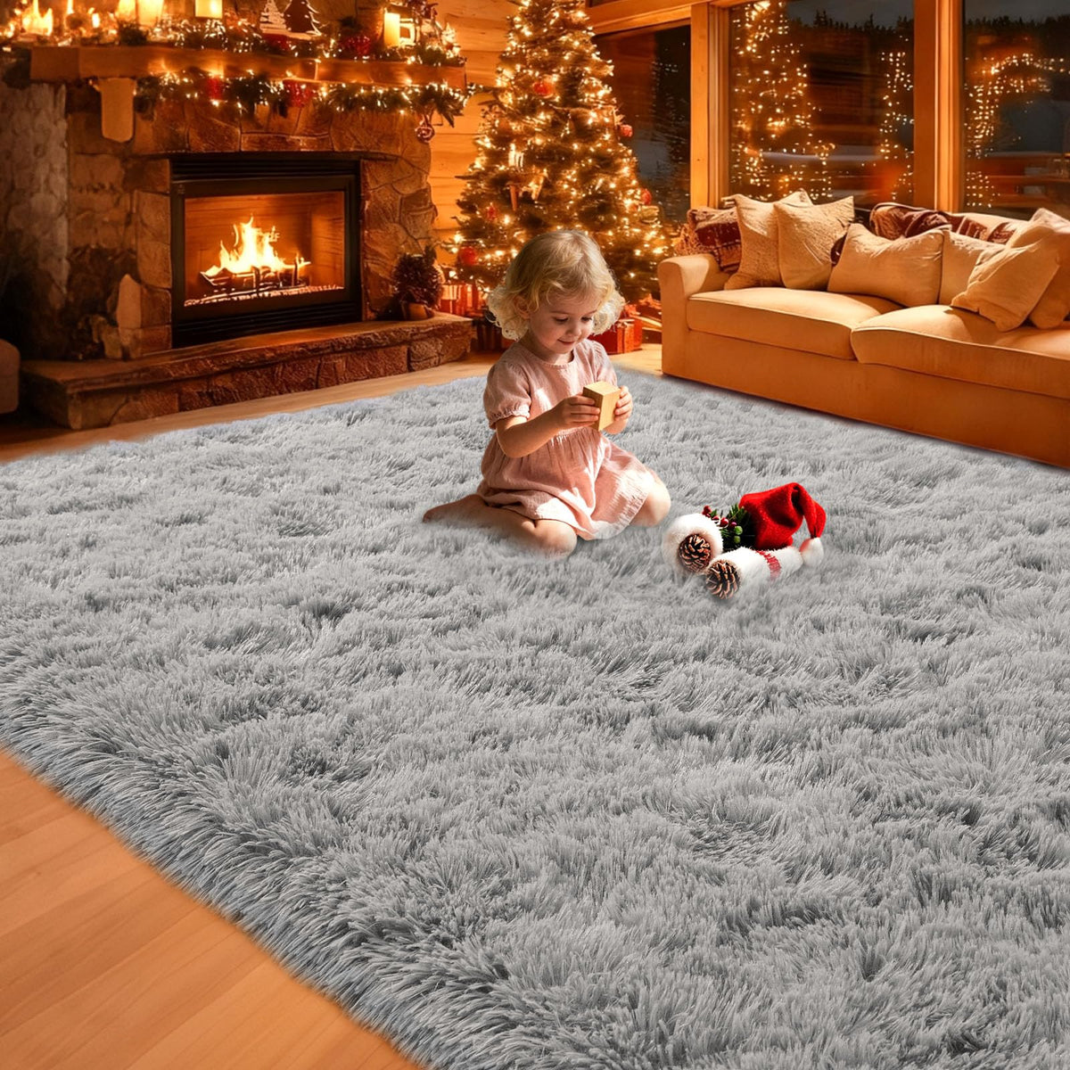 8x10 Cream Fluffy Shag Area Rug, Non-Slip Soft Carpet for Home
