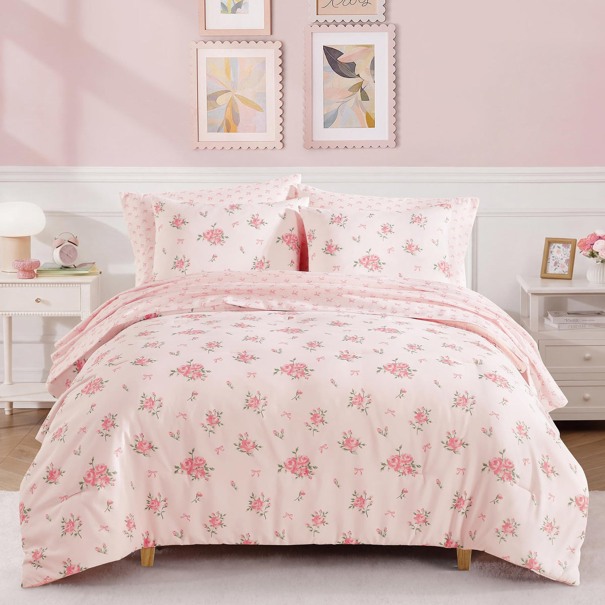 Twin XL Comforter Set for Girls - 5 Pieces Pink Floral Bed in a Bag