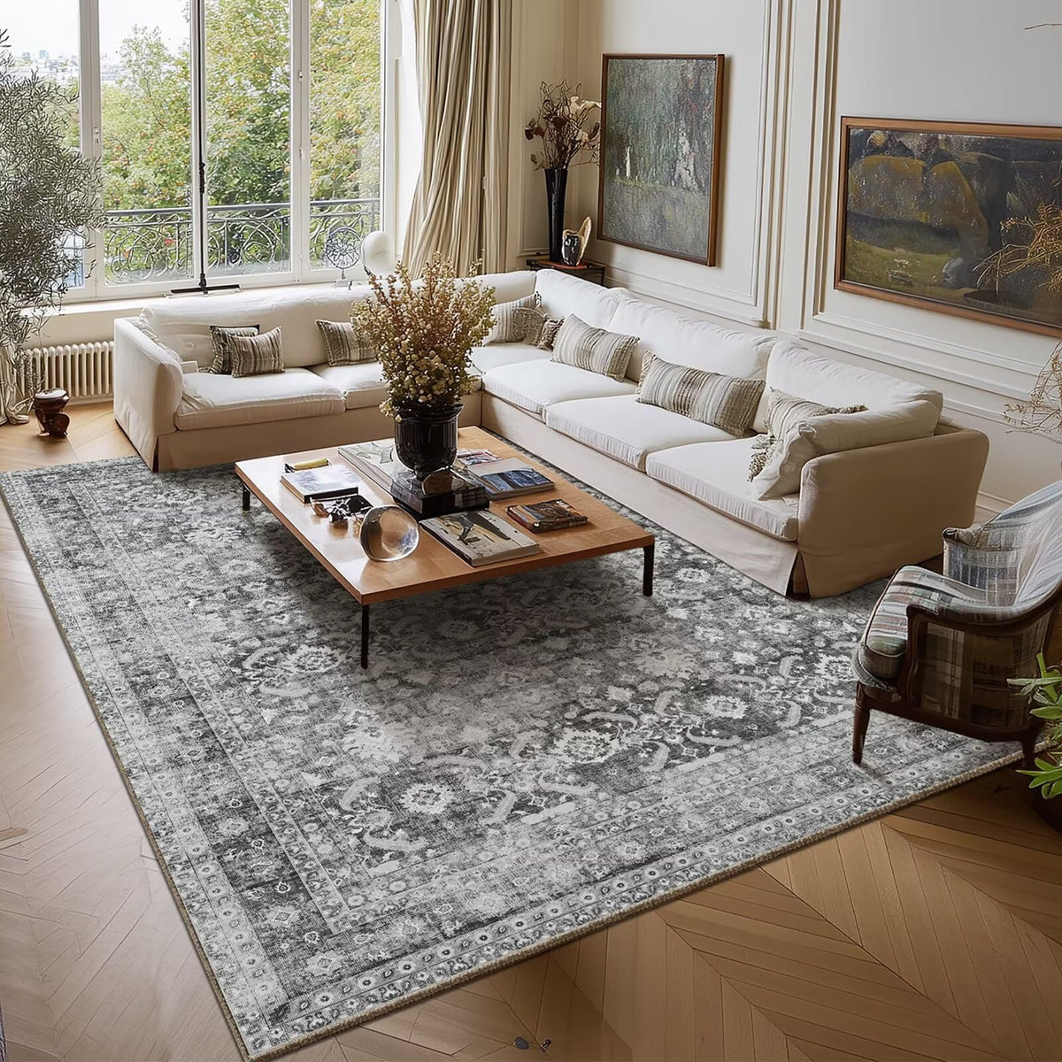 Washable 10x14 Area Rugs for Living Room, Ivory/Sage Gold