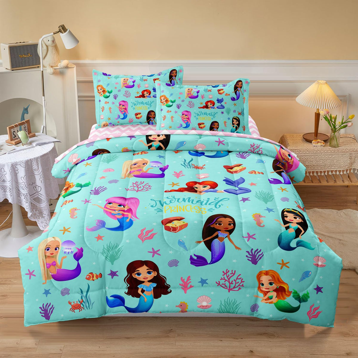 Kids Girls Princess Comforter Set, Twin Size, Pink