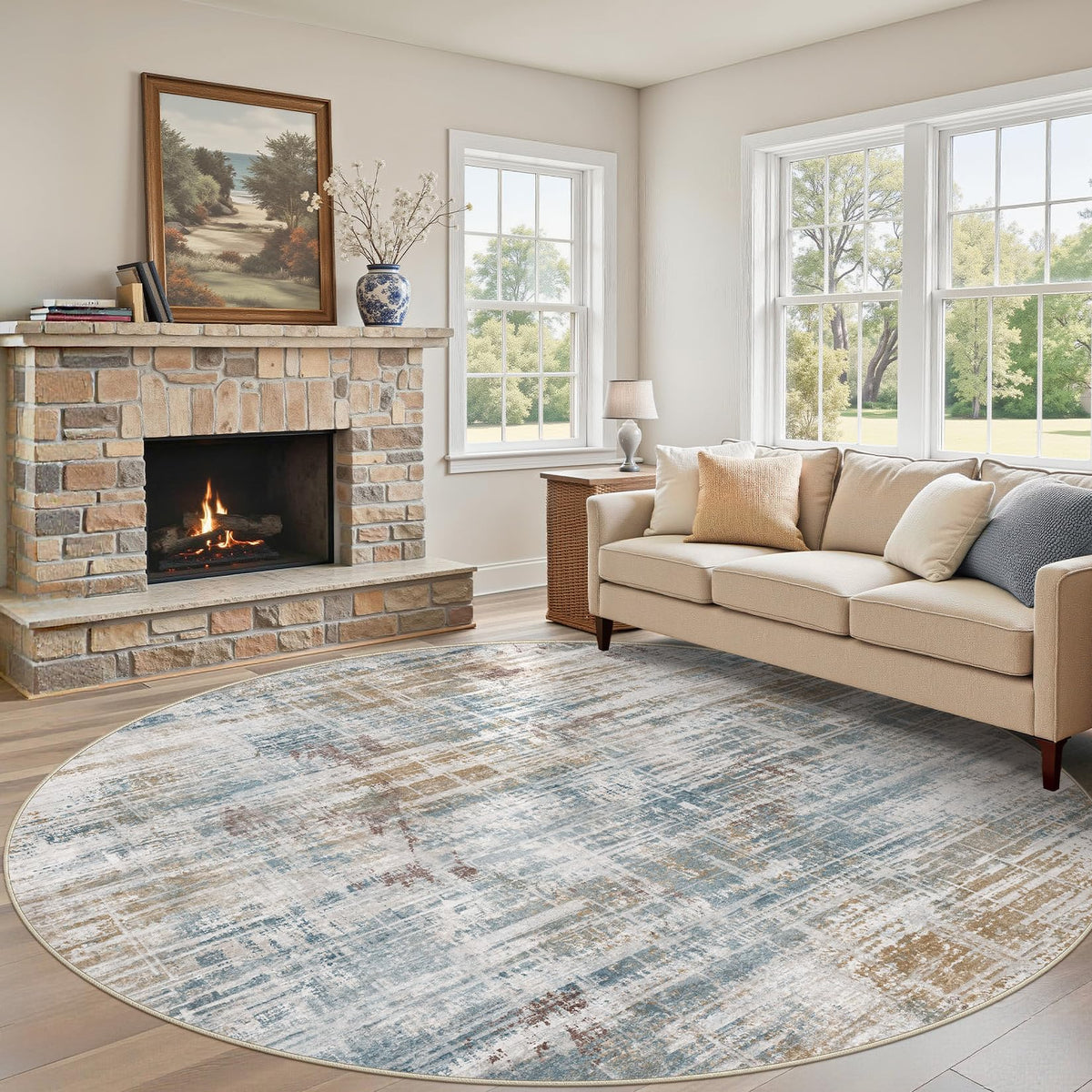 UERMEI 6x9 Area Rug for Living Room Washable Abstract Blue Brown Carpet