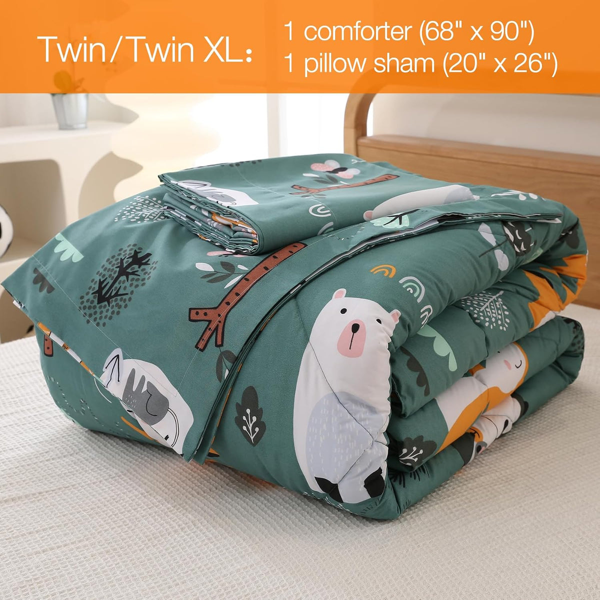 JSD Green Forest Animal Kids Comforter Set Twin Size