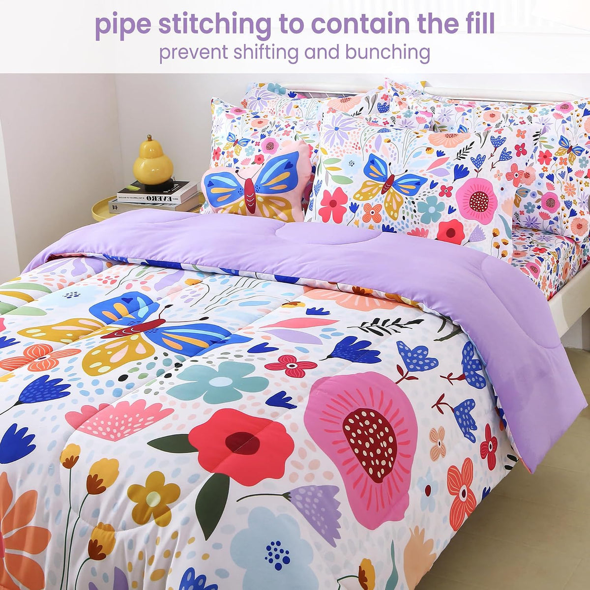 Mooreeke Twin Size Comforter Sets for Girls Kids, 6 Pieces Bed in a Bag Purple Floral Butterfly Bedding Comforter Sheet Set with Shams and Decorative Toy Pillow, Ultral Soft Microfiber Kids Bed Set