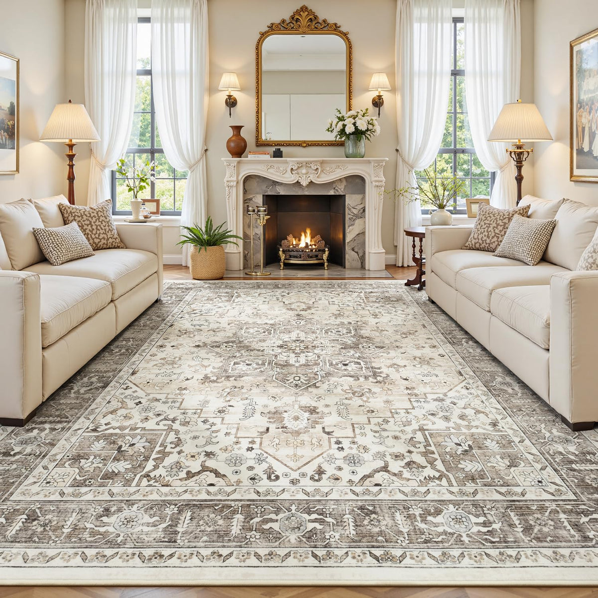Sage Green 8x10 Area Rug for Living Room, Vintage Boho Large Carpet
