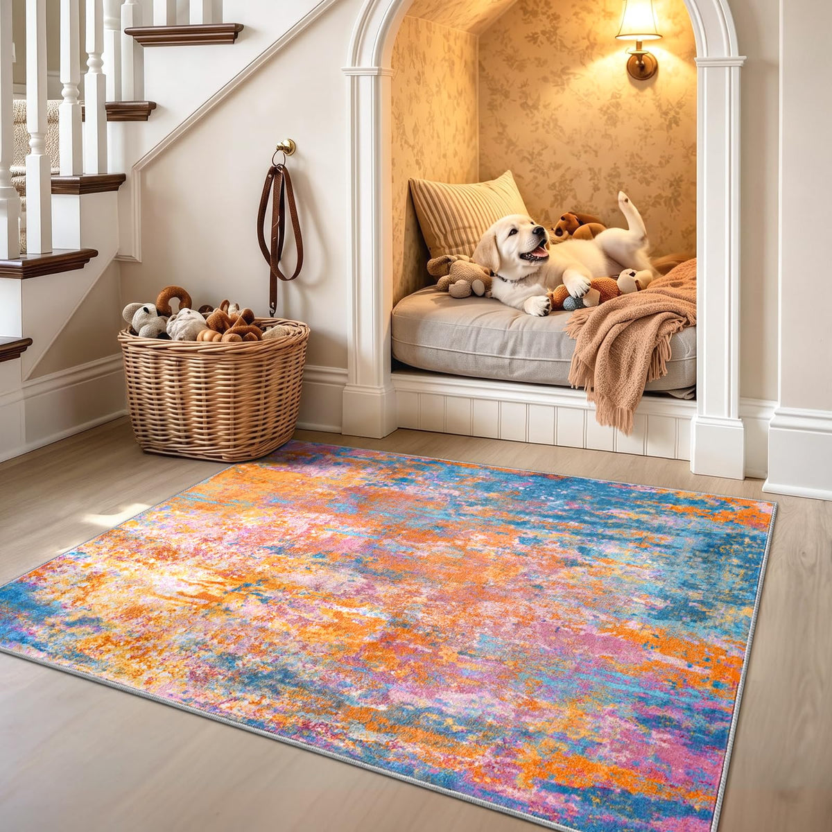 Living Room Rug 5x7 Gray Area Rug Machine Washable Boho Rug Non Slip Abstract Vintage Indoor Large Rugs for Bedroom, Classroom, College Dorm, Farmhouse, Dining Room, Kids Playroom