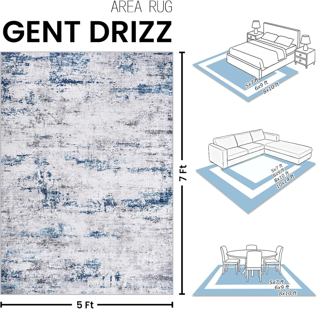 5x7 Area Rugs for Living Room Large Washable Abstract Rug White Gray Blue