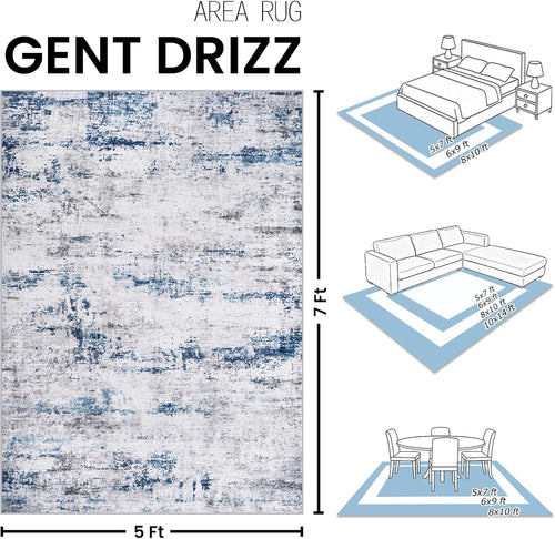 5x7 Area Rugs for Living Room Large Washable Abstract Rug White Gray Blue