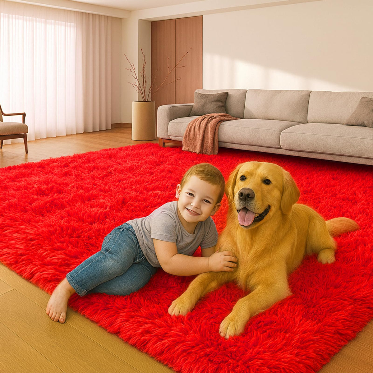 8x10 Cream Fluffy Shag Area Rug, Non-Slip Soft Carpet for Home