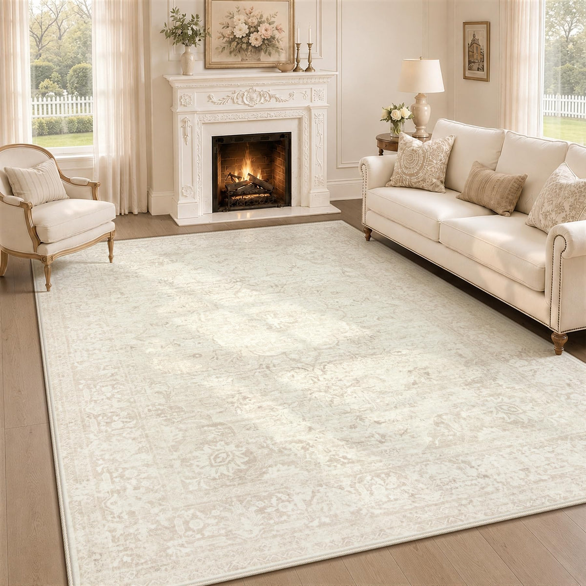 5x7 Area Rugs for Living Room: Washable Boho Vintage Floral Rug Soft Non-Slip Rugs Stain Resistant Low Pile Indoor Carpet for Bedroom Dining Room Nursery Playroom Beige