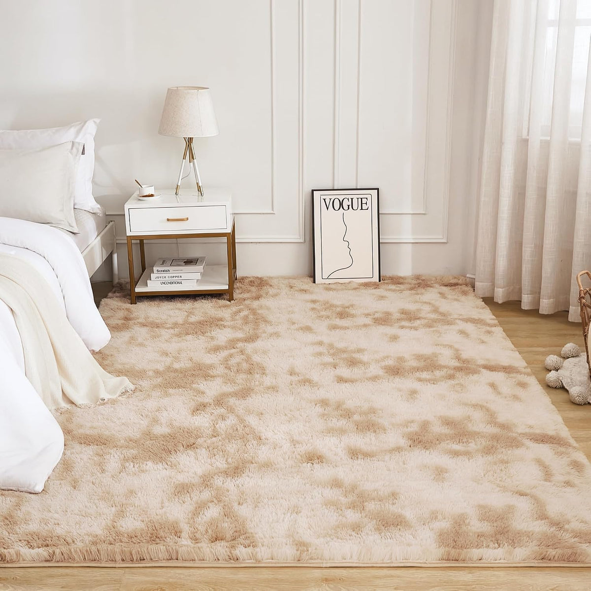 Litanika 4x6 Shag Area Rug for Bedroom, Tie-Dyed Beige Plush Rug
