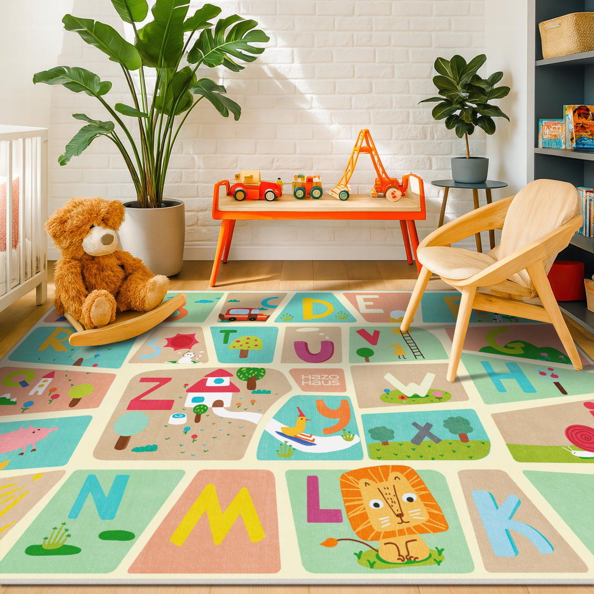 Hazo Haus Washable Kids Playroom Rug – 5x7 Play Rug for Preschool Toddlers, Girls, Educational with Cute Animals – Non-Slip, Stain Resistant, Soft & Safe for Bedroom, Play Room and Classroom - Blue