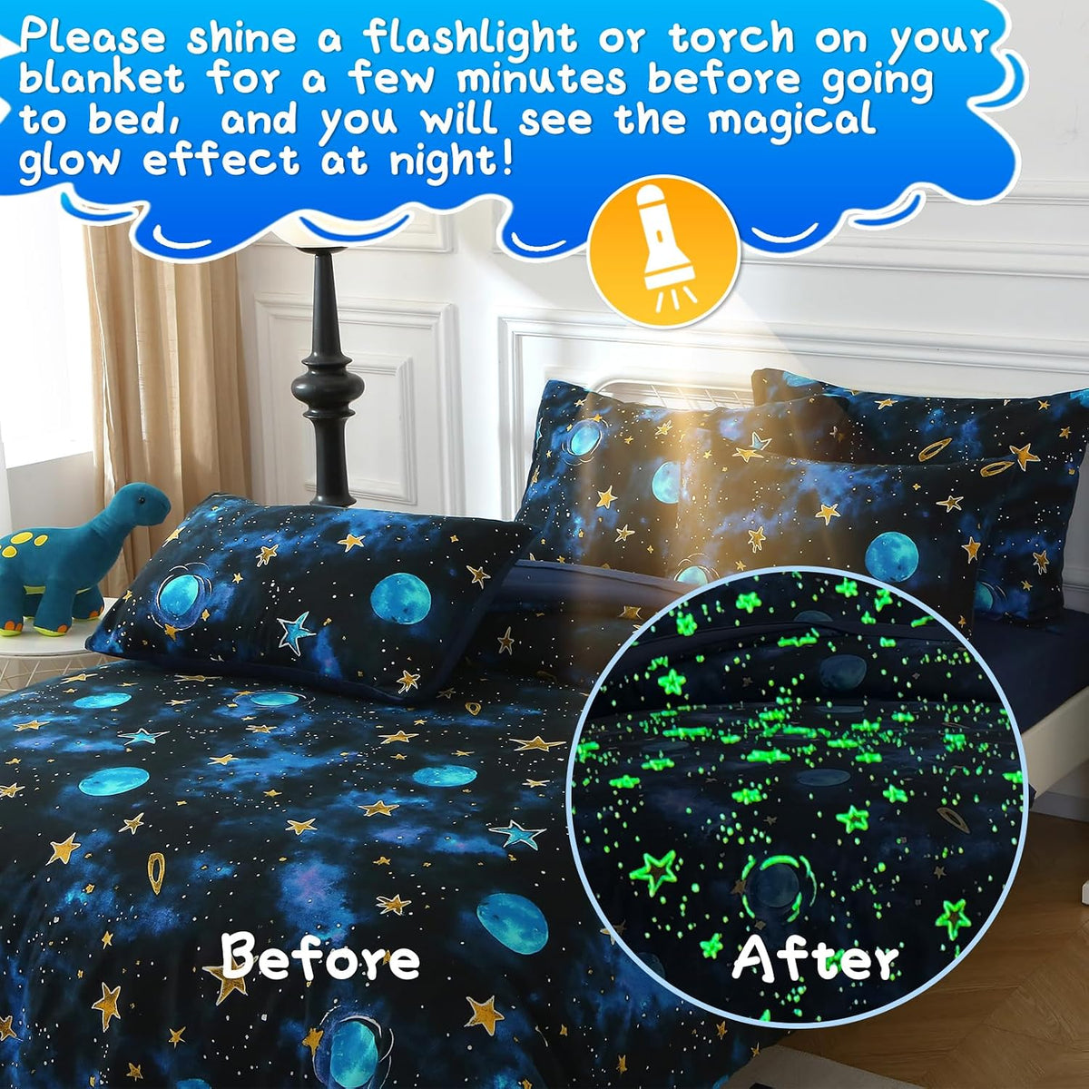 Glow in The Dark Kids Comforter Set, 3 Pieces Blue Space Bedding Set Twin Size for Boys Girls Teen, 1 Comforter, 1 Pillowcase, 1 Pillow Sham