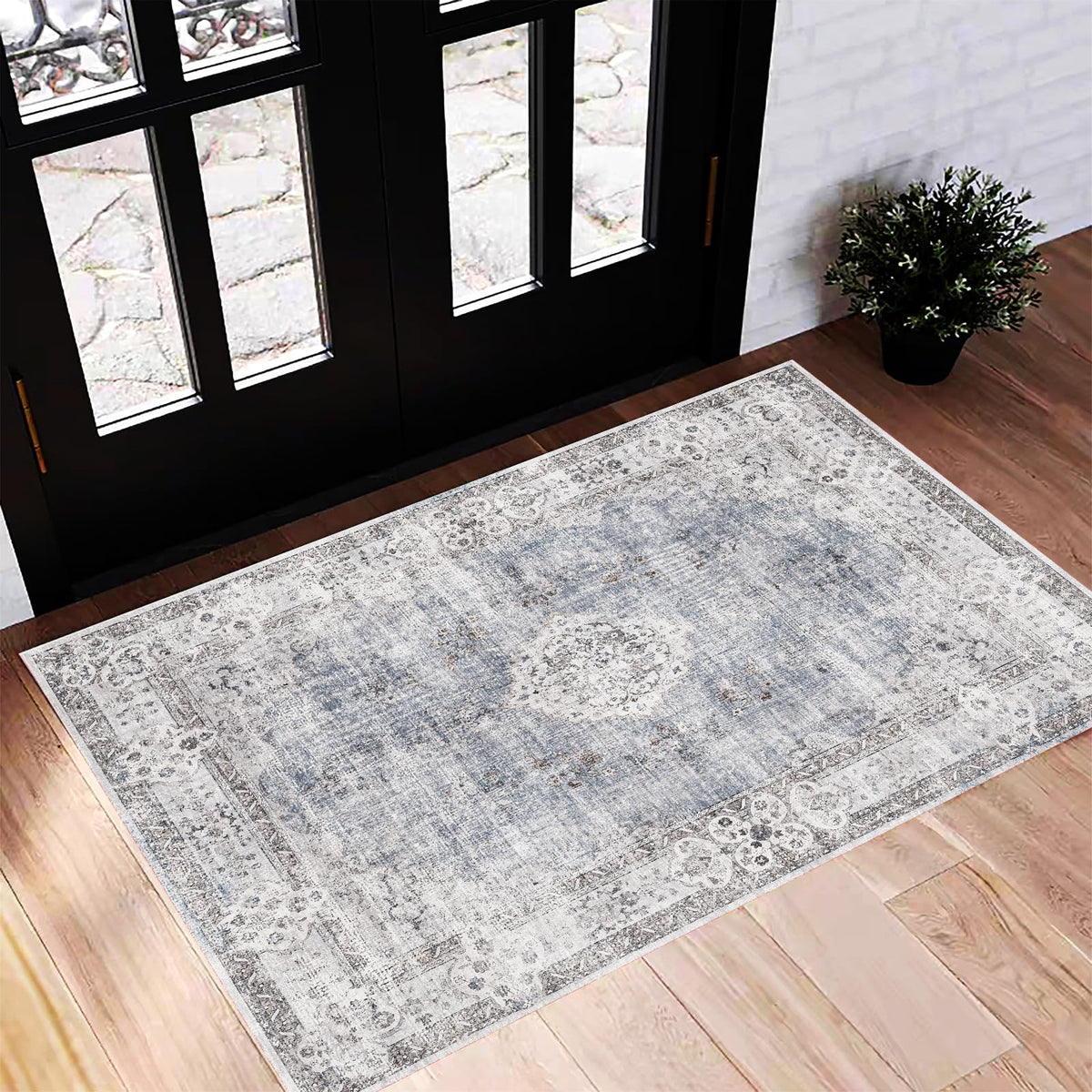 CHAMPLANT Area Rug 4x6 Washable Rug Gray Vintage Traditional Floor Cover Foldable Thin Retro Accent Indoor Distressed Non Slip Carpet Floral Print Mat Bedroom Living Room Bathroom