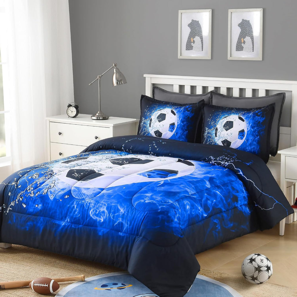 Andency Soccer Comforter Twin(66x90 Inch), 2 Pieces(1 Soccer Comforter, 1 Pillowcase) Blue Flame Soccer Comforter Set Sport Microfiber Bedding Set for Boy Girl Kids, Teen