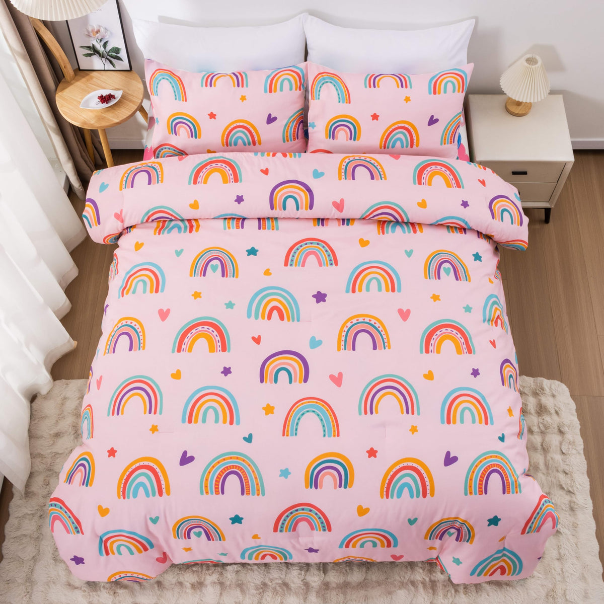 Btargot Lightweight Soft 3 Piece Rainbow Comforter Set with 2 Pillow Covers, Cartoon Love Hearts Flowers and Grass Bedding Set for Girls Boys Kids, Full Multi-Color