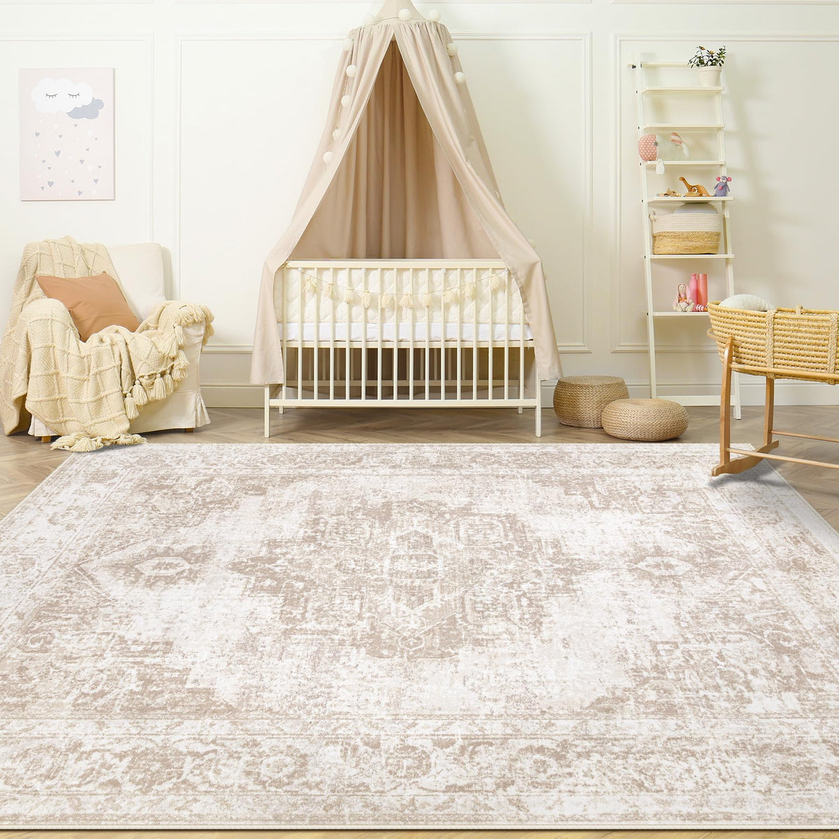 Area Rug 5x7 Vintage Rug: Washable Indoor Medallion Rugs Low Pile Distressed Floor Carpet Retro Accent Rug for Living Room Bedroom Kitchen Dining Table Home Office(Beige, 5'x7')
