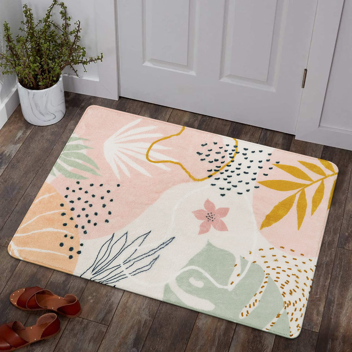 Lahome Pink Boho Nursery Rug 4x6, Washable Non Slip Soft Botanical Area Rug for Girls Bedroom Kids Room Playroom Dorm Apartment Decor
