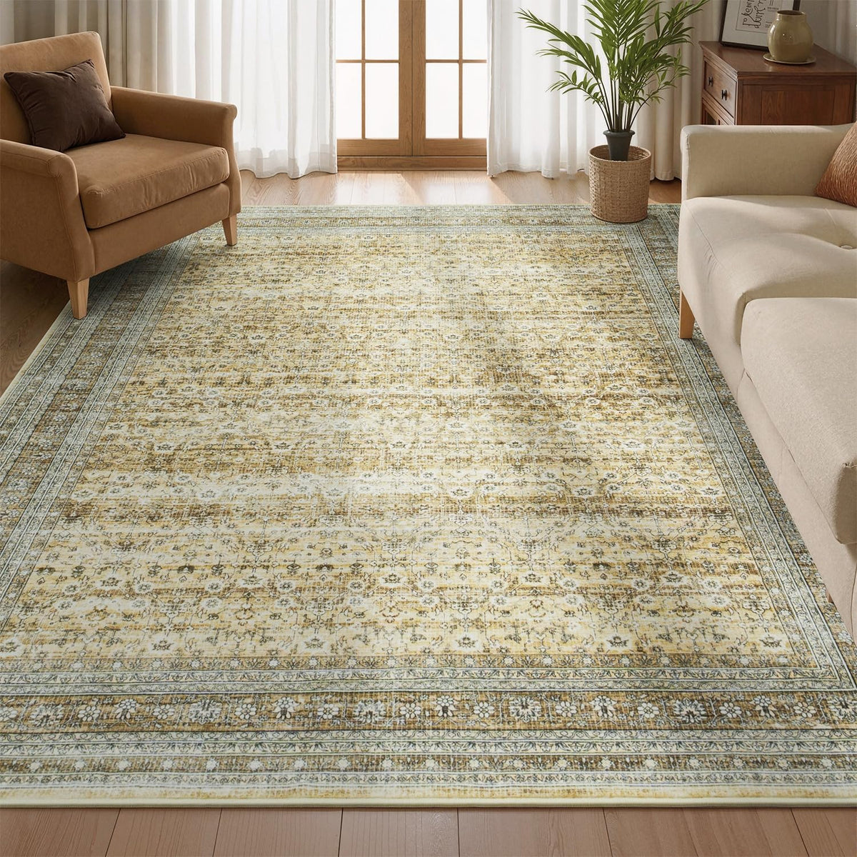 Sage Green 8x10 Area Rug for Living Room, Vintage Boho Large Carpet